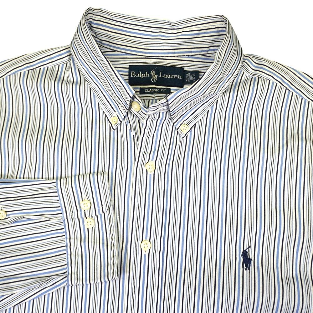 Ralph Lauren Button Down Shirt Mens 16.5 32/33 Blue Striped Classic‎ Long Sleeve